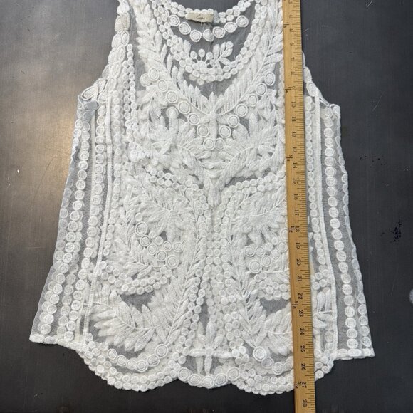 Crochet Mesh Ivory Tank Top Sheer Boho Sleeveless V-Neck Swim Cover Up Shirt OS - Picture 4 of 7